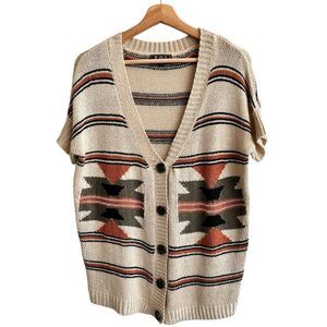 POL Sweater M Aztec Cardigan Short Sleeves Coastal Cowgirl Lagenlook Fall